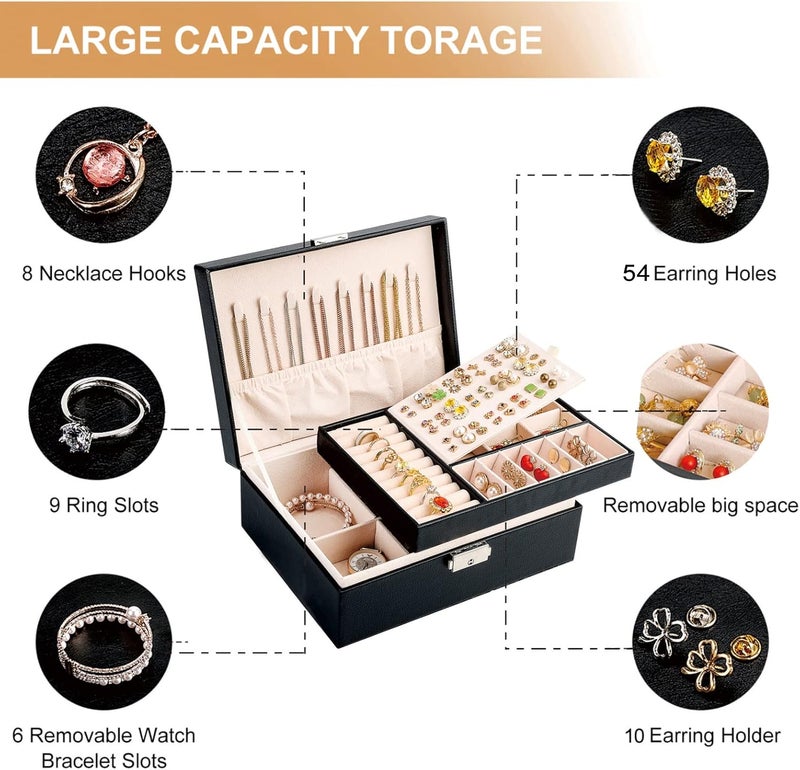 Sanikeon Jewelry Boxes for Women Girls 2 Layers leather Jewelry Organizer Case with Lock Storage Box Removable Tray for Necklace Earring Ring with Polishing Cloth and Jewelry Bags - Image 4